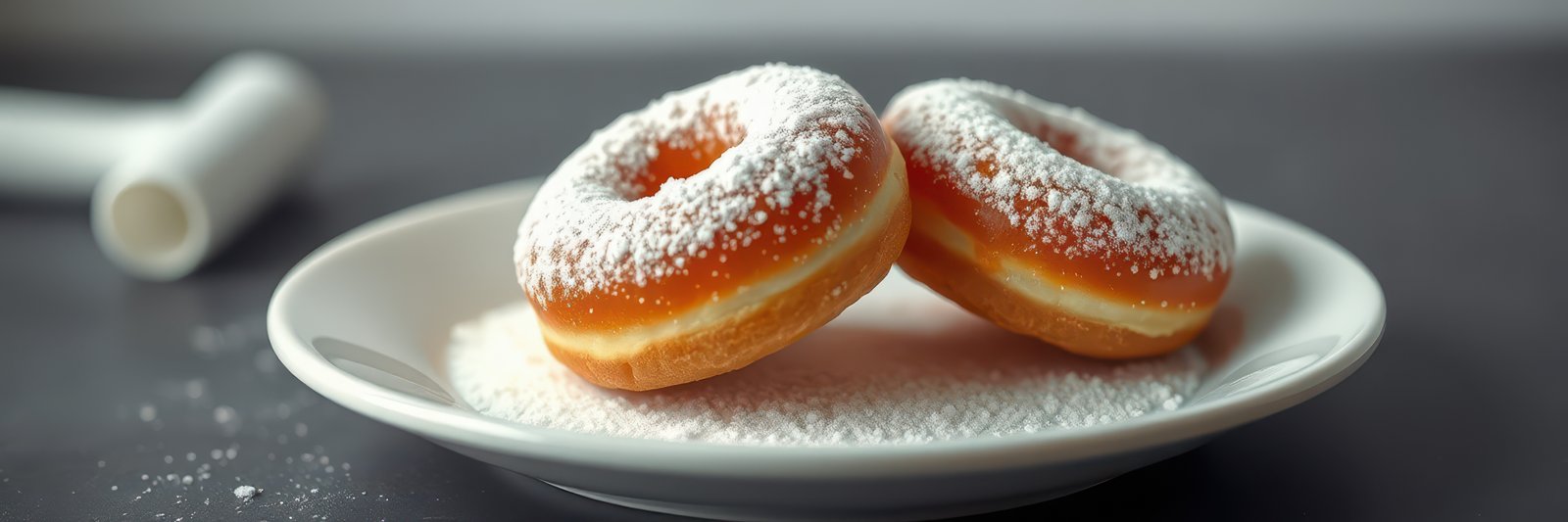 Freshly baked donuts dusted with powdered sugar served on a white plate
